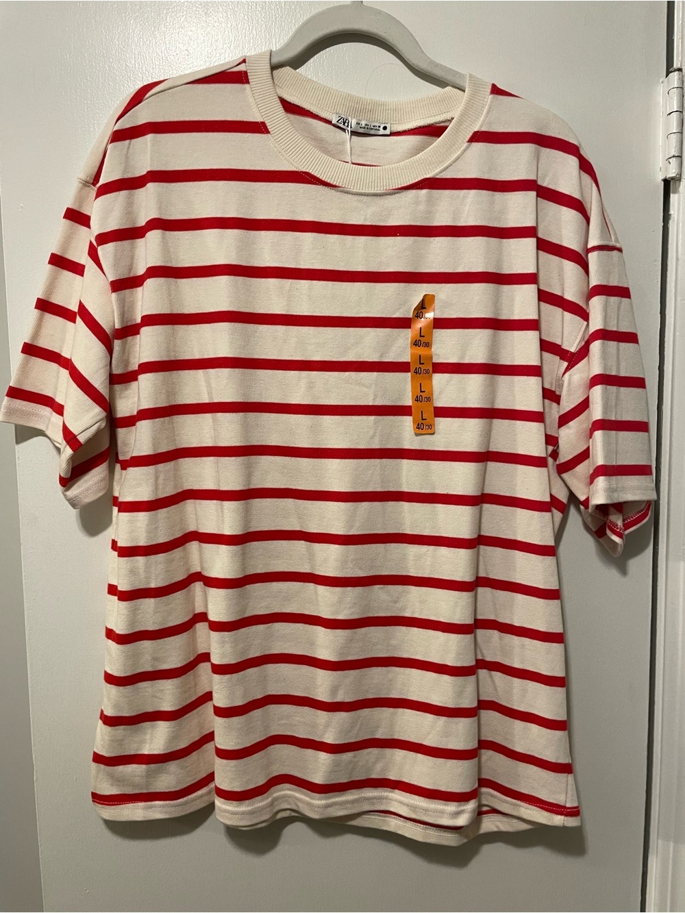 Zara Red and Ivory Striped Short-Sleeve Tee Large NWT